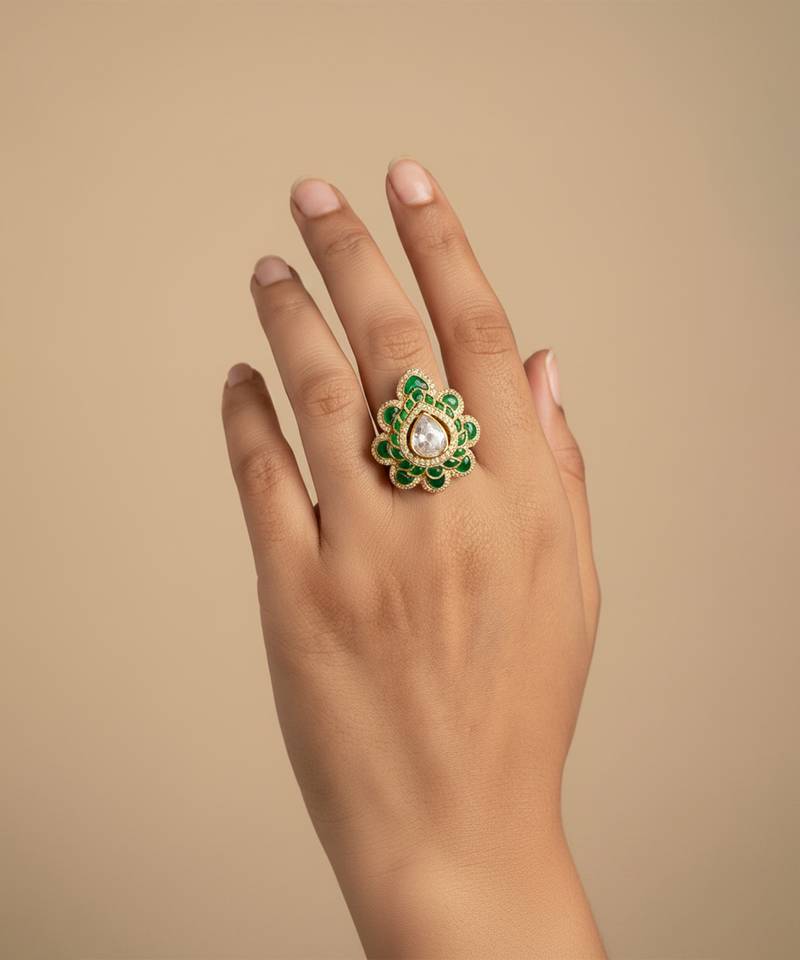 Gold plated green moissanite polki ring