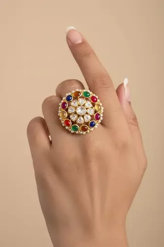 Gold plated multicolor polki stones ring