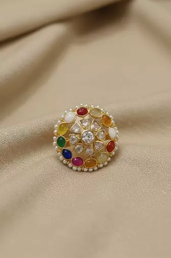 Gold plated multicolor polki stones ring