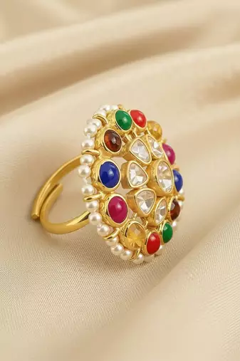 Gold plated multicolor polki stones ring