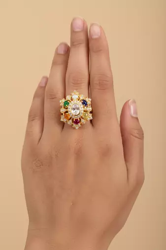 Gold plated multicolor polki stones ring