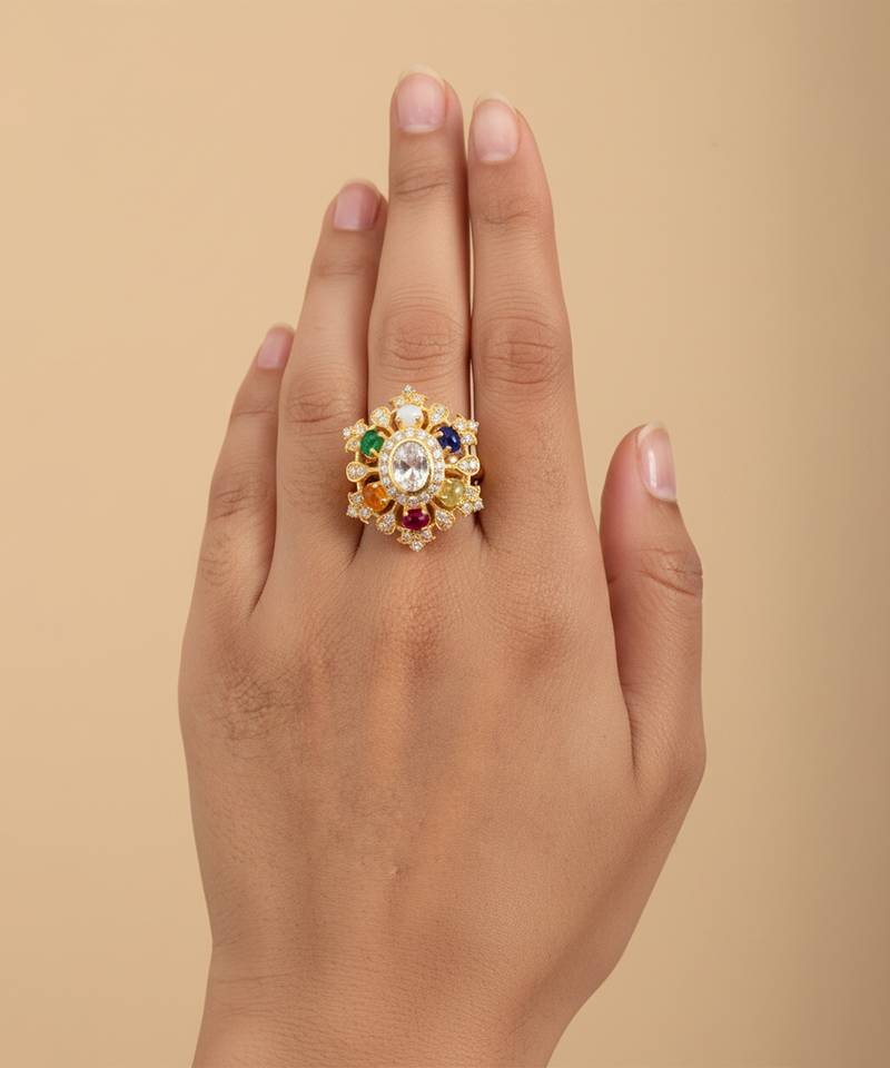 Gold plated multicolor polki stones ring