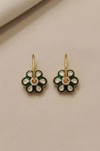Gold plated green polki stones stud earrings