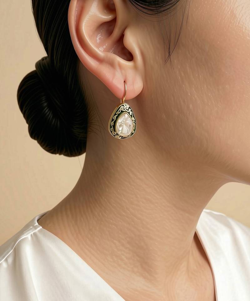 Gold plated green polki drop earrings