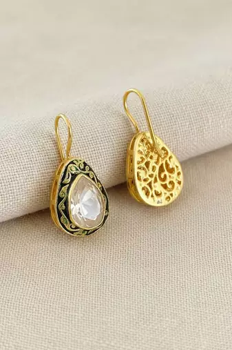 Gold plated green polki drop earrings