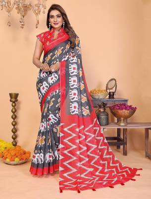 black printed work cotton blend saree 1