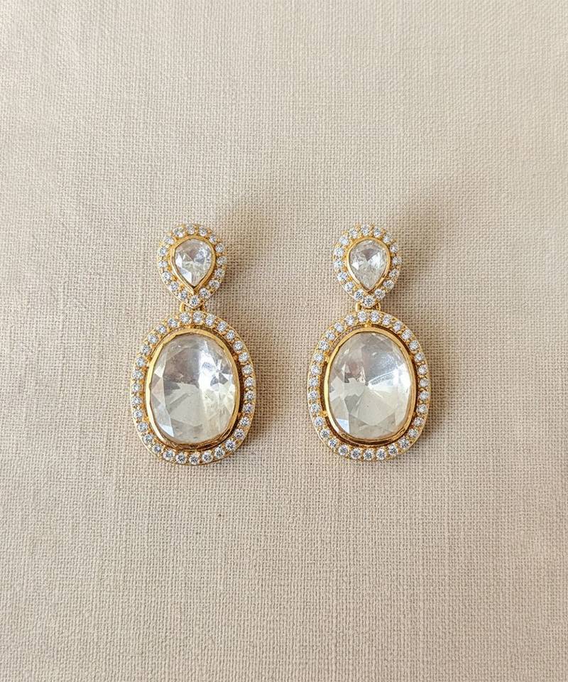 Gold plated yellow kundan polki stone drop earrings