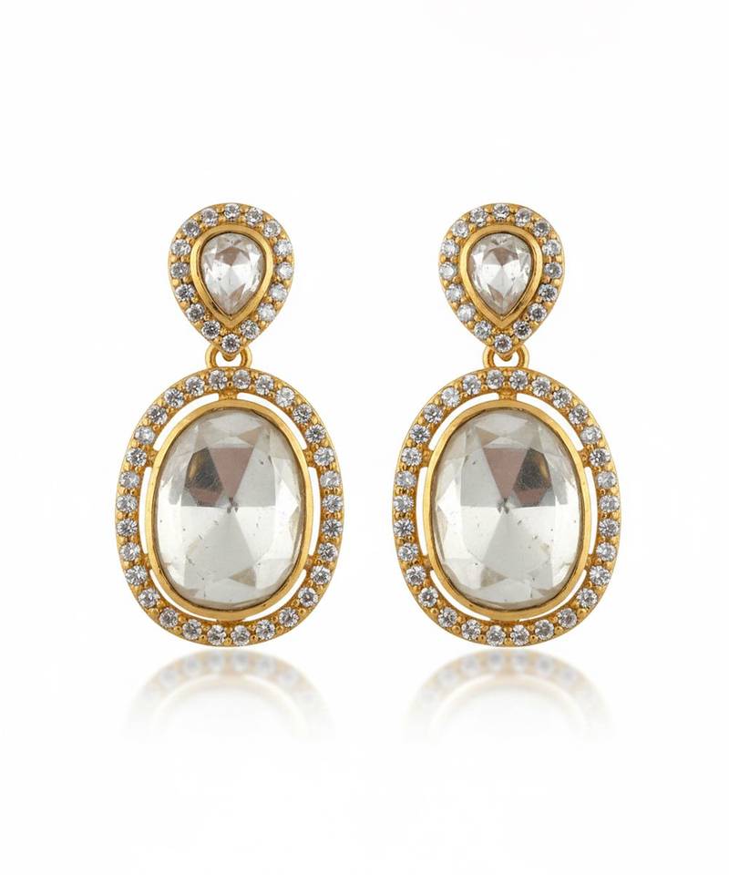 Gold plated yellow kundan polki stone drop earrings