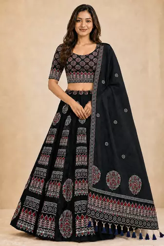 black rayon circular lehenga with digital print