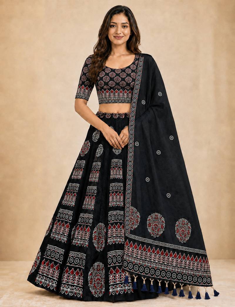 black rayon circular lehenga with digital print