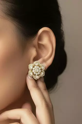 Gold plated yellow polki floral stud earrings