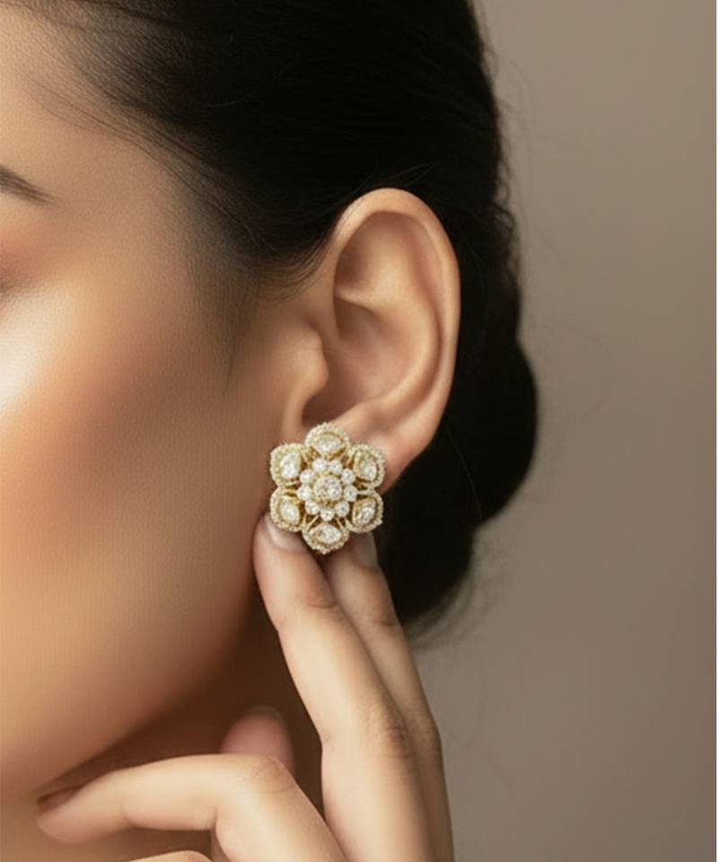 Gold plated yellow polki floral stud earrings