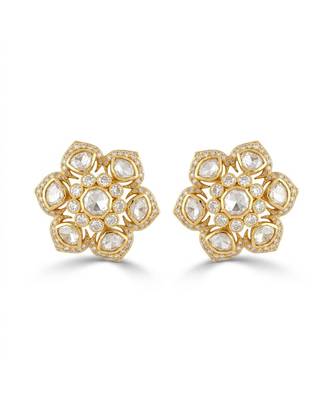 Gold plated yellow polki floral stud earrings 2