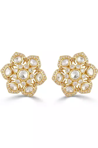 Gold plated yellow polki floral stud earrings