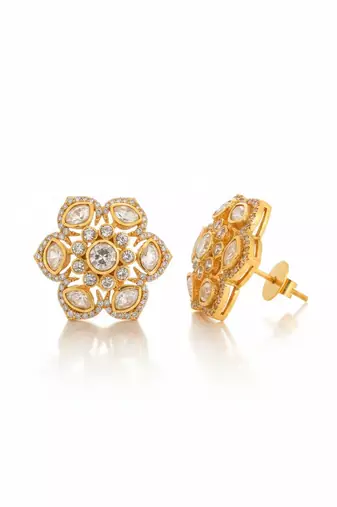 Gold plated yellow polki floral stud earrings