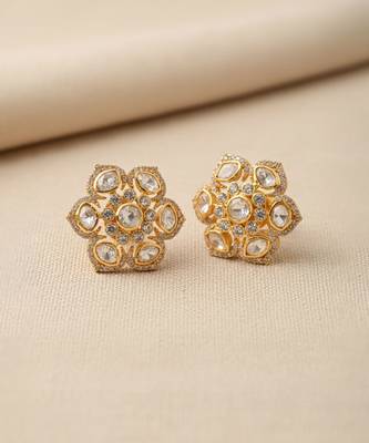 Gold plated yellow polki floral stud earrings 4