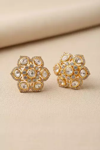 Gold plated yellow polki floral stud earrings