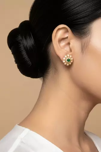 Gold plated green polki stone stud earrings