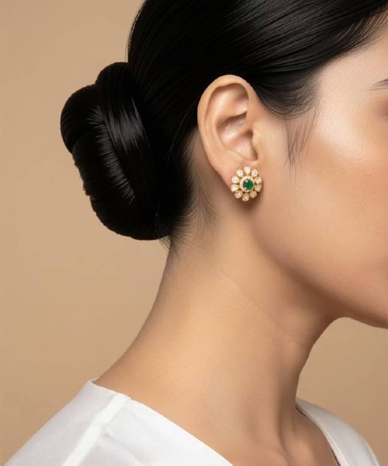 Gold plated green polki stone stud earrings