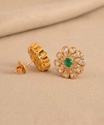 Gold plated green polki stone stud earrings 2