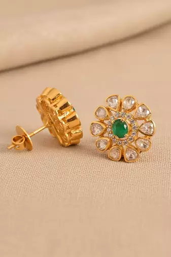 Gold plated green polki stone stud earrings