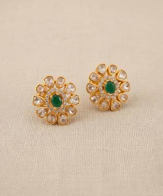 Gold plated green polki stone stud earrings 3