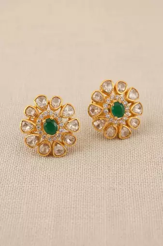 Gold plated green polki stone stud earrings