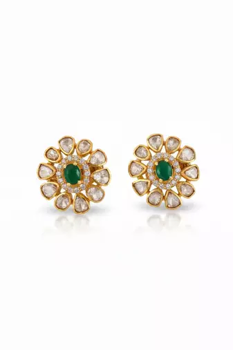 Gold plated green polki stone stud earrings