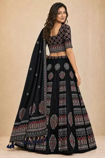 black rayon circular lehenga with digital print