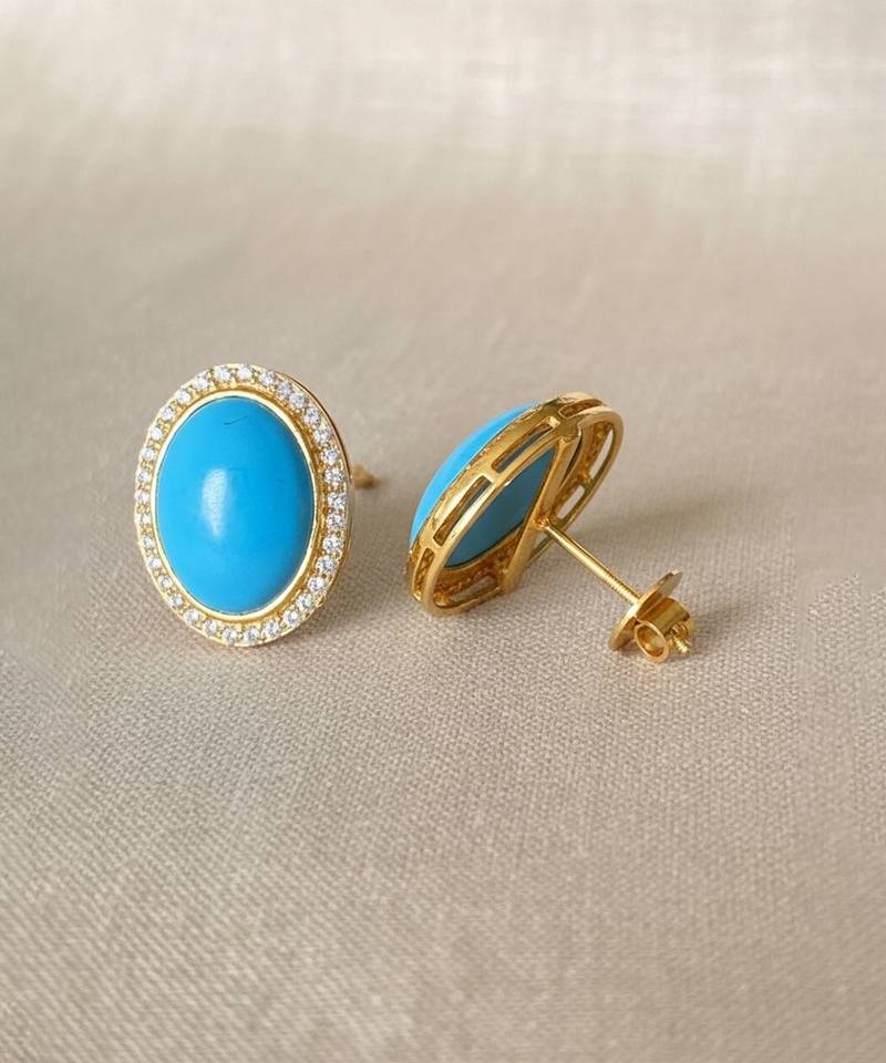Gold plated turqouise blue stone stud earrings