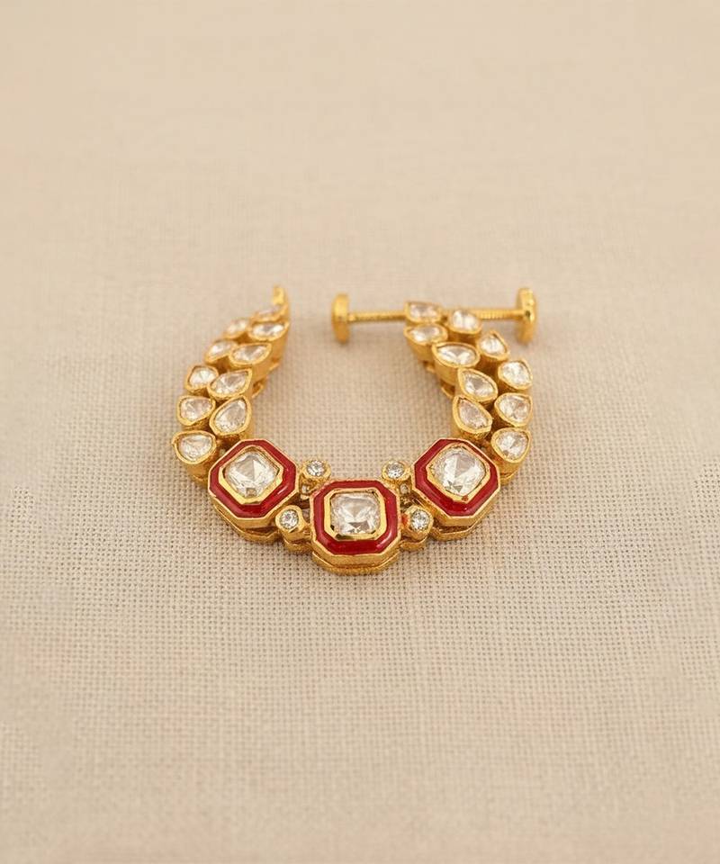 Gold plated red polki stones nose ring