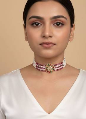 Gold plated red polki navratna stones choker necklace 1