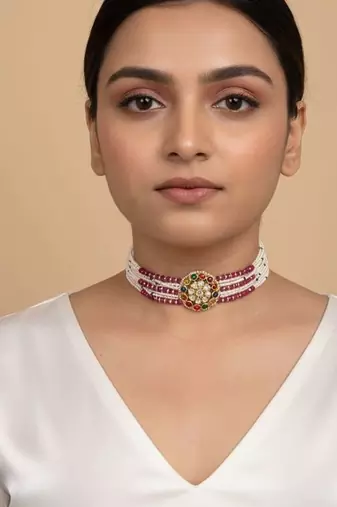 Gold plated red polki navratna stones choker necklace