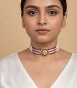 Gold plated red polki navratna stones choker necklace