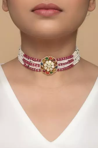 Gold plated red polki navratna stones choker necklace