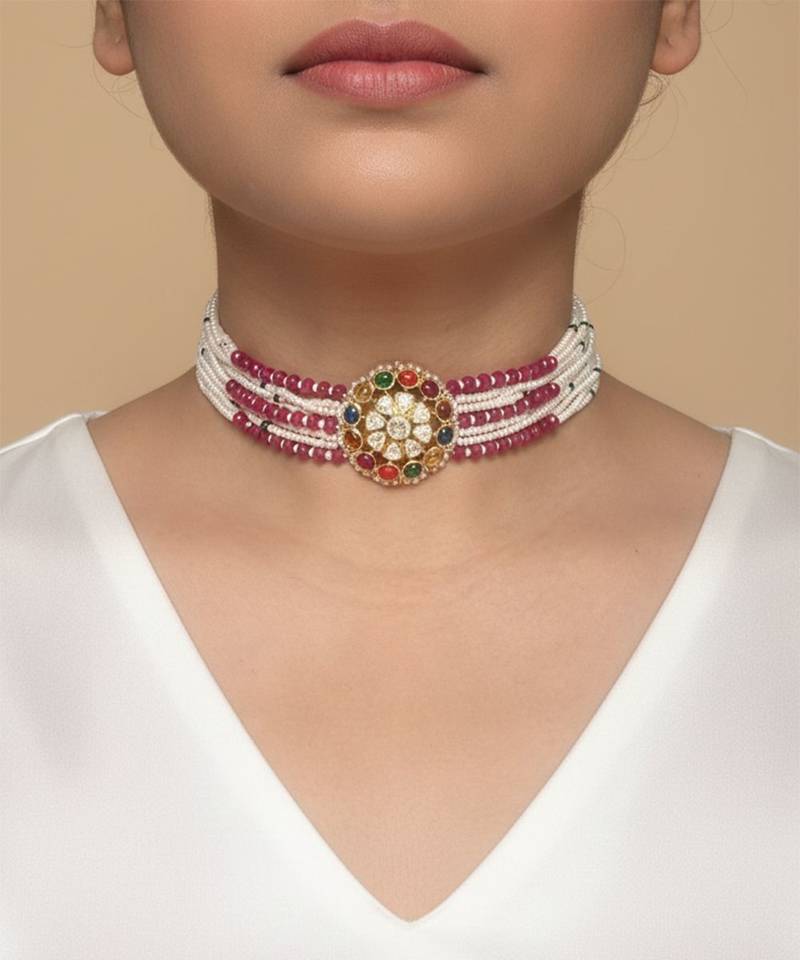 Gold plated red polki navratna stones choker necklace