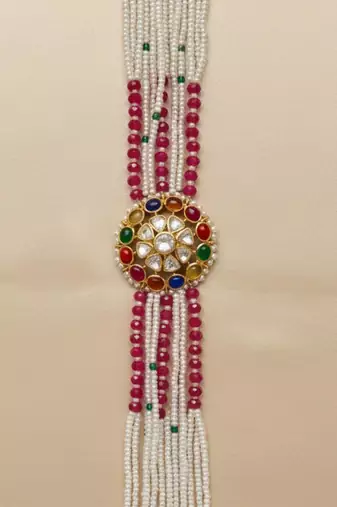 Gold plated red polki navratna stones choker necklace