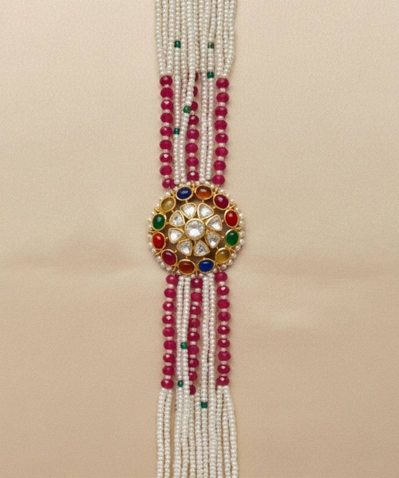 Gold plated red polki navratna stones choker necklace