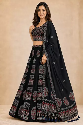 black rayon circular lehenga with digital print