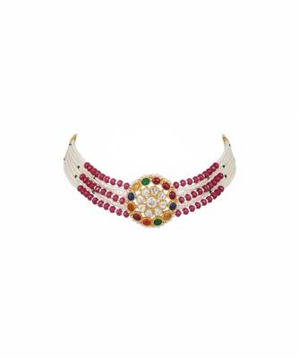 Gold plated red polki navratna stones choker necklace 4