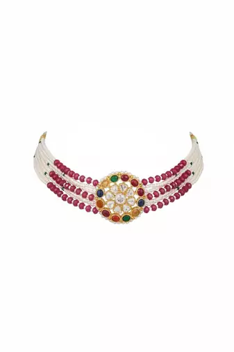 Gold plated red polki navratna stones choker necklace