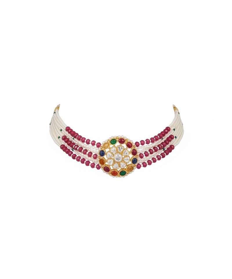 Gold plated red polki navratna stones choker necklace