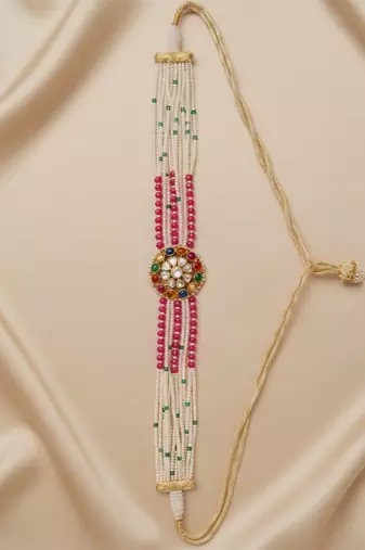 Gold plated red polki navratna stones choker necklace