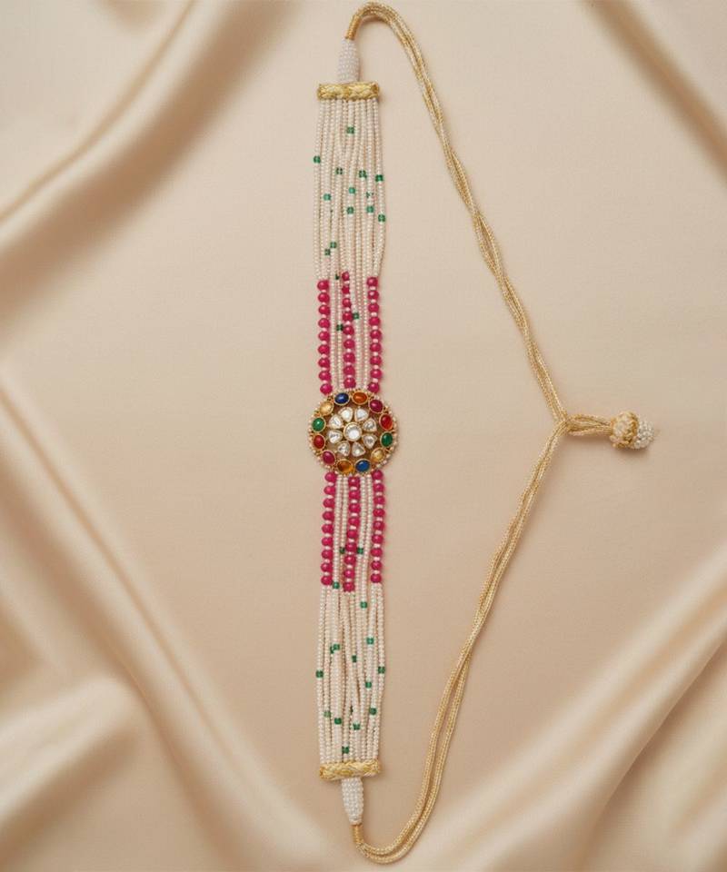 Gold plated red polki navratna stones choker necklace
