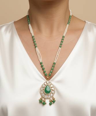 Gold plated green polki stone long necklace 1
