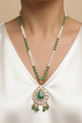 Gold plated green polki stone long necklace