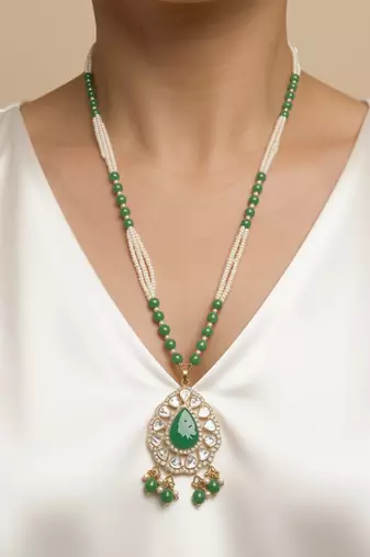 Gold plated green polki stone long necklace