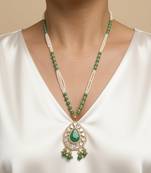 Gold plated green polki stone long necklace
