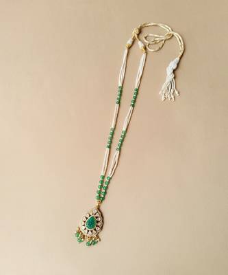 Gold plated green polki stone long necklace 2