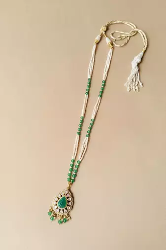 Gold plated green polki stone long necklace